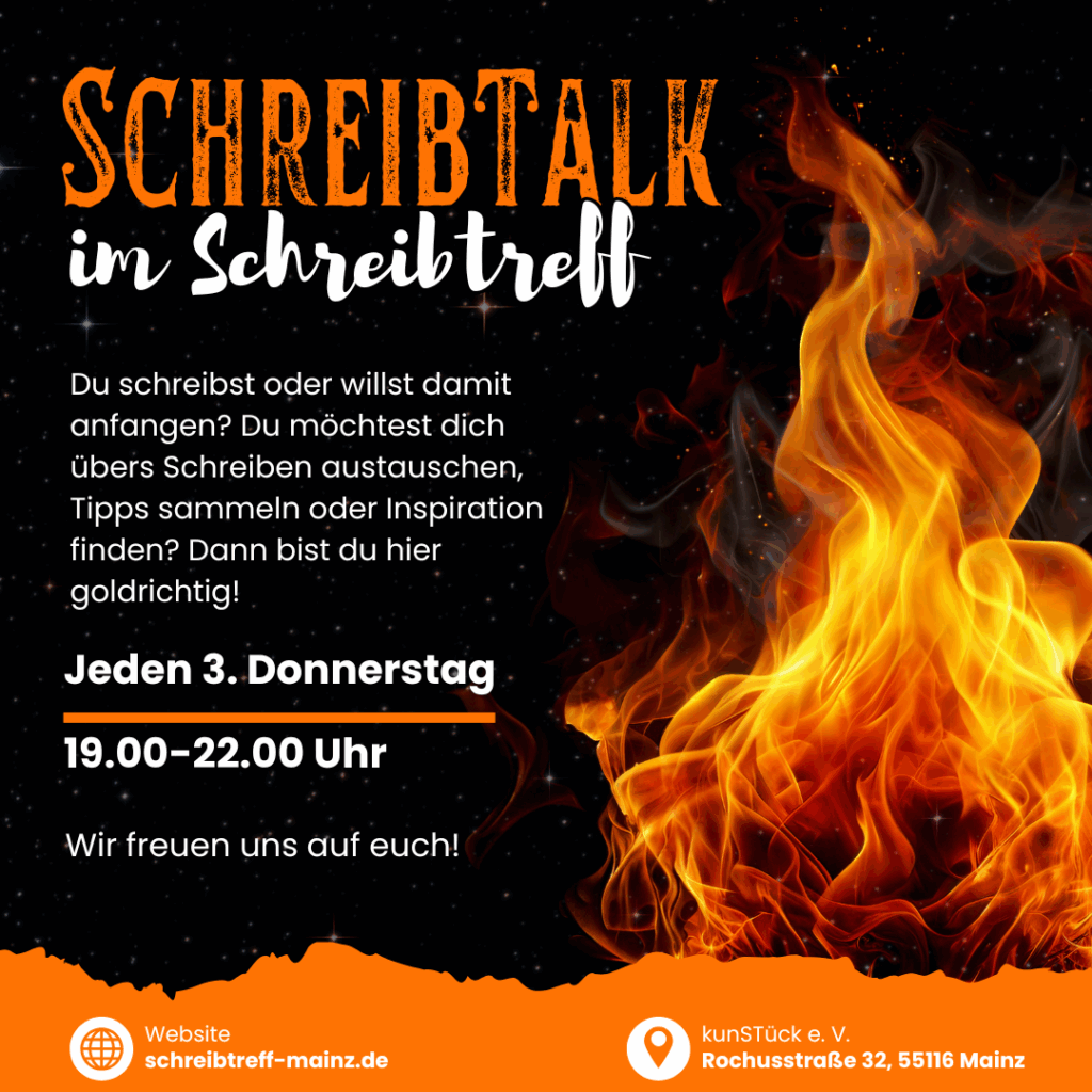 Du schreibst oder willst damit anfangen? Du möchtest dich übers Schreiben austauschen, Tipps sammeln oder Inspiration finden? Dann bist du hier goldrichtig! Jeden 3. Donnerstag findet von 19 bis 22 Uhr der SchreibTalk im kunSTück, Rochusstraße 32 statt.